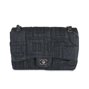 Chanel Blue Denim & Black Embroidery Jumbo Perfume Bottle Flap Bag